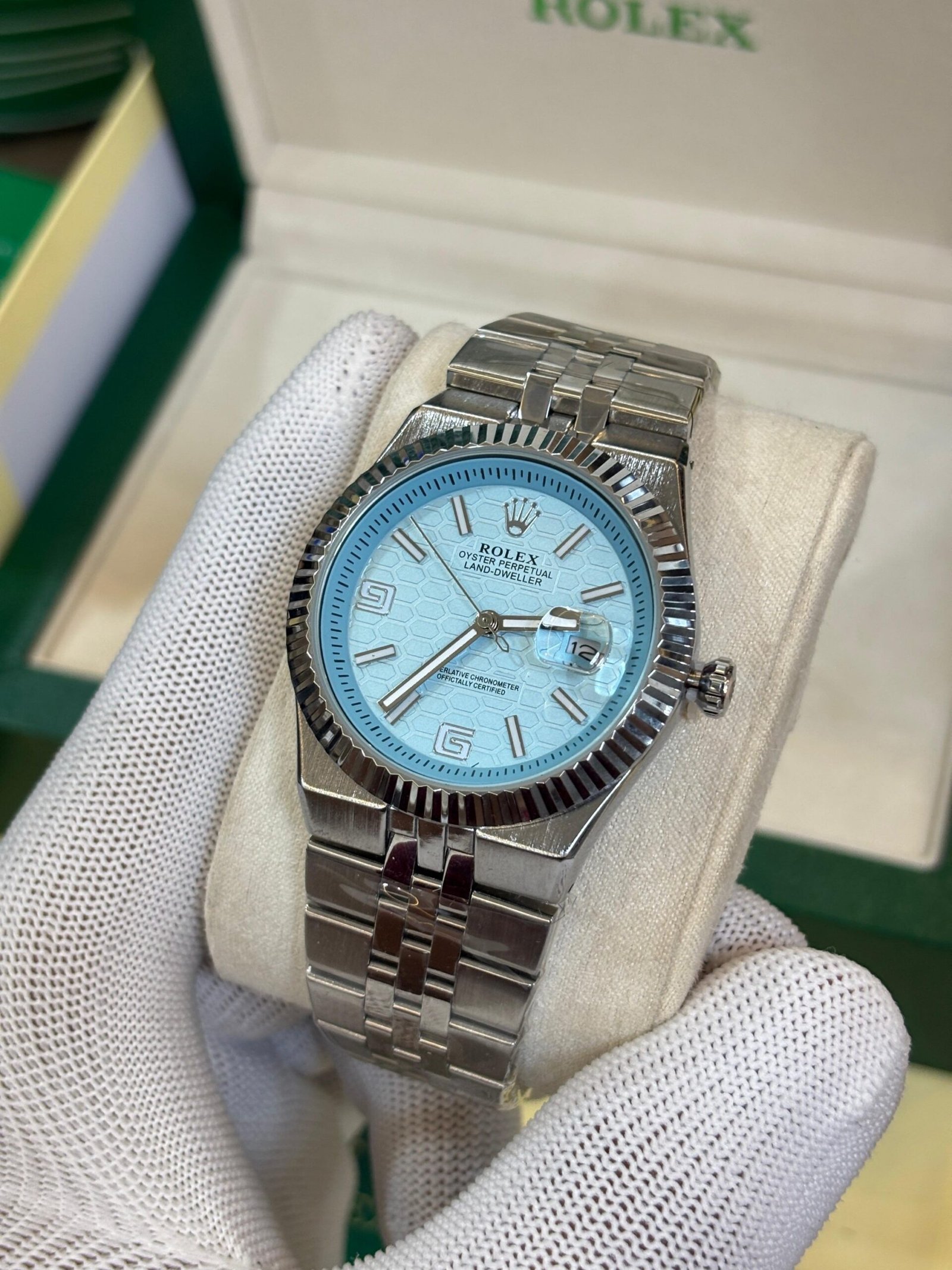 ROLEX OYESTER PERPETUAL LAND DWELLER SILVER SKY BLUE DIAL