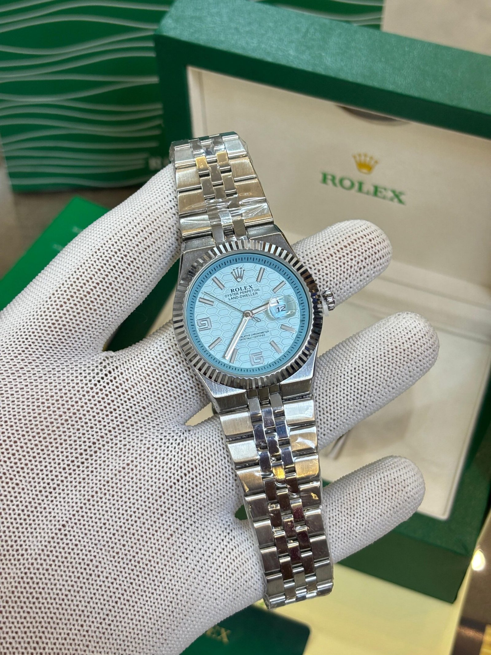 ROLEX OYESTER PERPETUAL LAND DWELLER SILVER SKY BLUE DIAL - Image 6